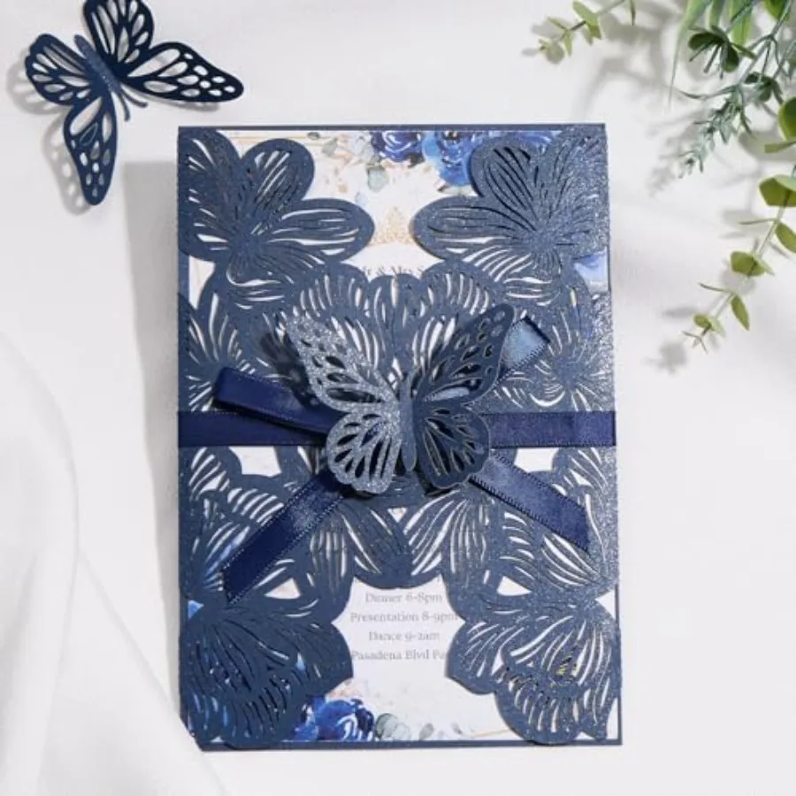 

50Pcs Laser Cut Personalized Wedding Invitations Card with Ribbons Invitation Kits with Envelopes Blank Inner Sheets and RSVP C