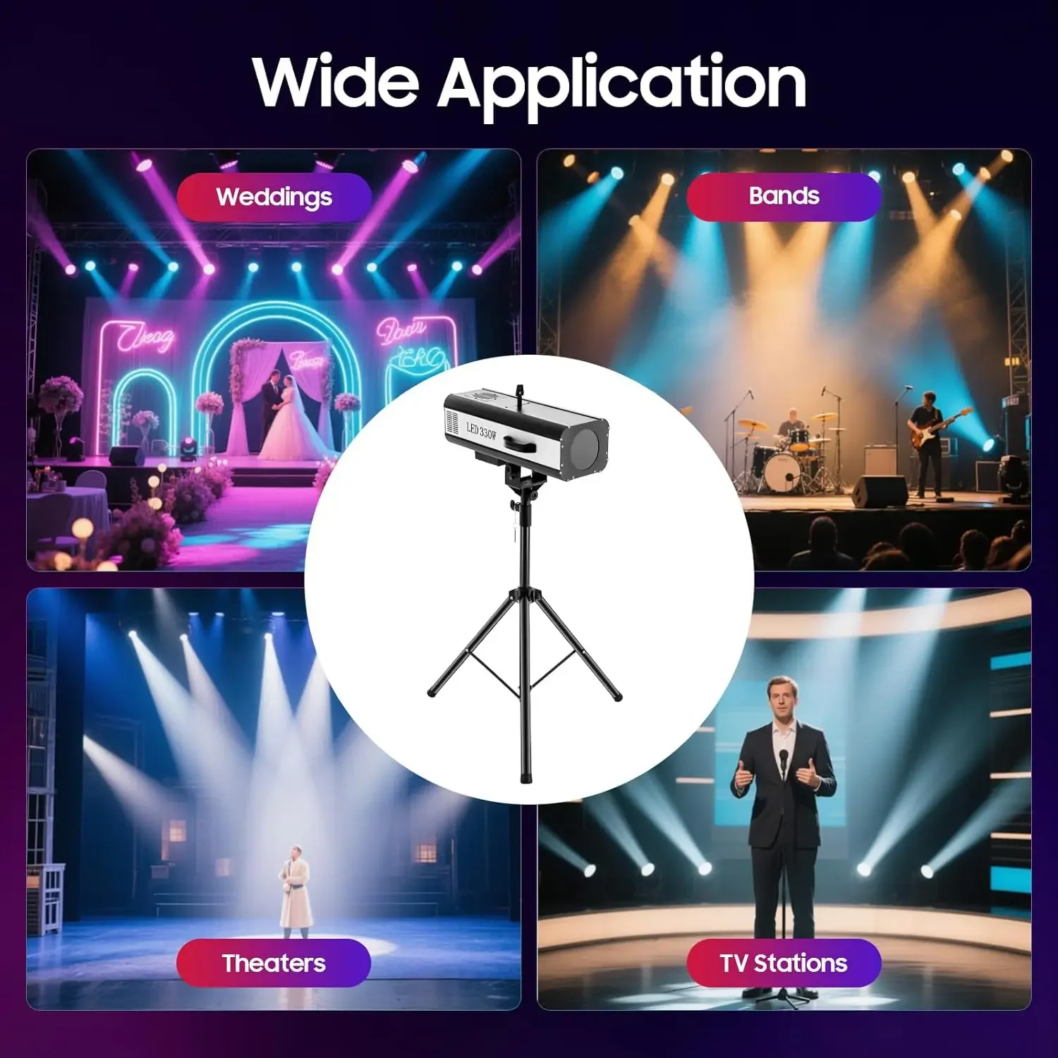 

Professional Stage Lighting with 6Colors & 3Color Temperatures,330W Stage Spotlight with Tripod,Adjustable Aperture for DJ Show
