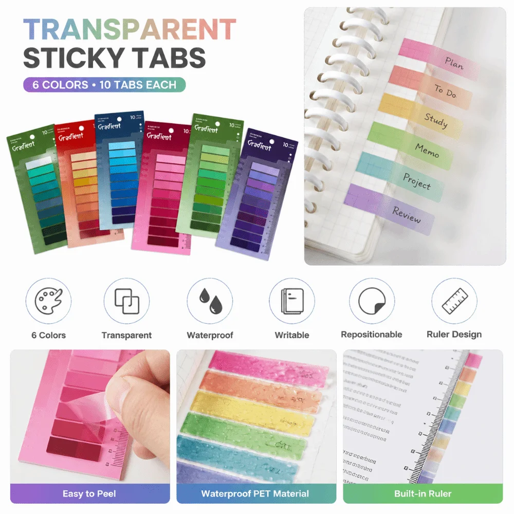 6pcs Colorful Transparent Index Memo Pads Morandi Color Ruler PET Index Stickers Bookmark Sticky Note Pads Office Supplies
