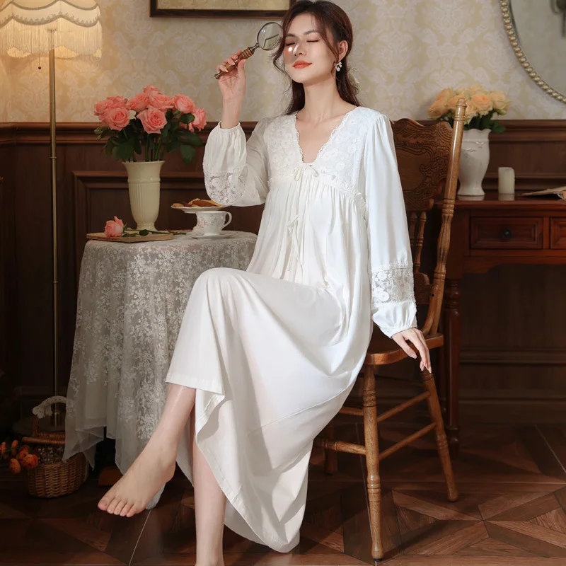 Vintage Spring Autumn Cotton Nightgown Women Lace V Neck Nightdress Solid Color Princess Sleepwear Fairy Long Sleeve Night Dress