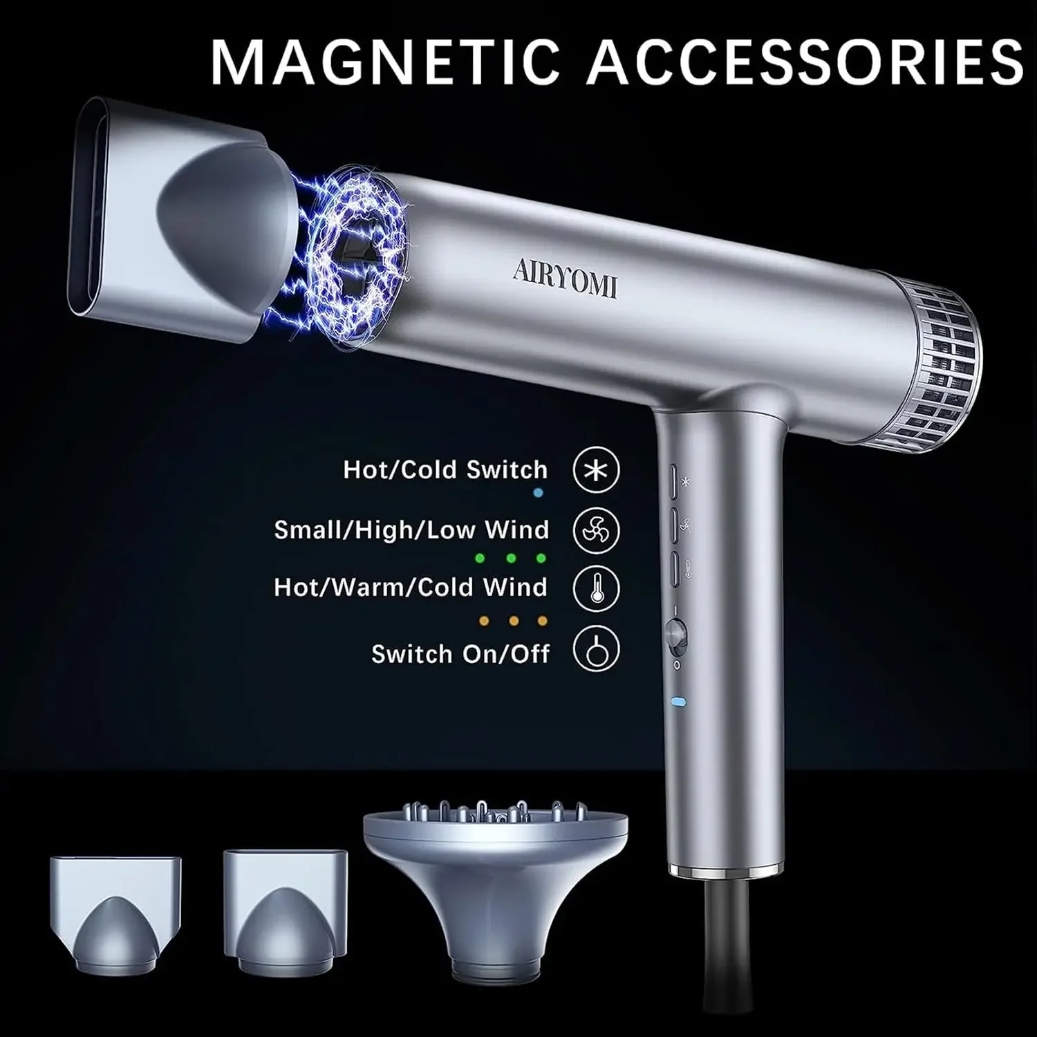 Brushless Motor Ionic Hair Blow Dryer with Diffuser, Magnetic Nozzles, 0.83Pound, 2000W, 60dB, 3 Heat Settings & 3 Speed & Cold