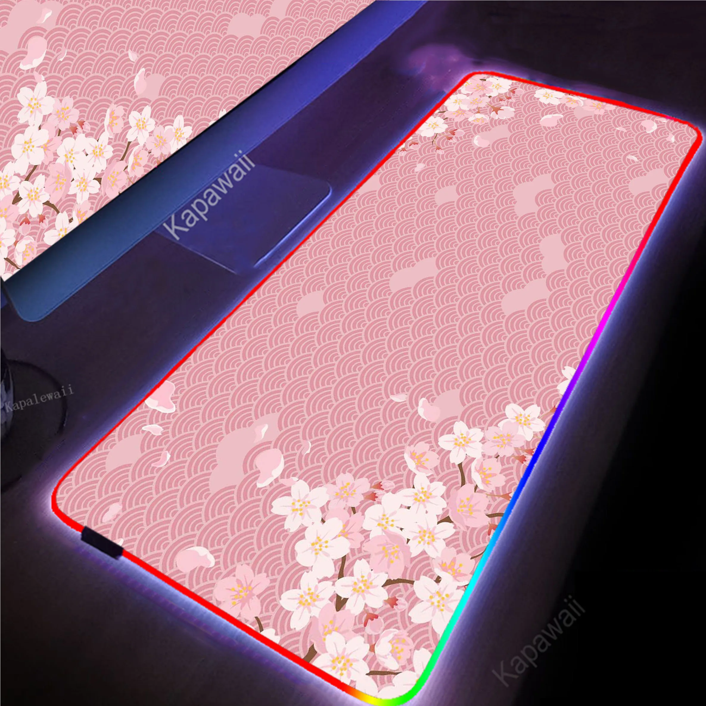 

Japanese Sakura Glowing USB LED Mousepad Gaming Speed Keyboard Pads Mouse Pad XXL Rubber Carpet Locked Edge Mouse Mat 900x400mm