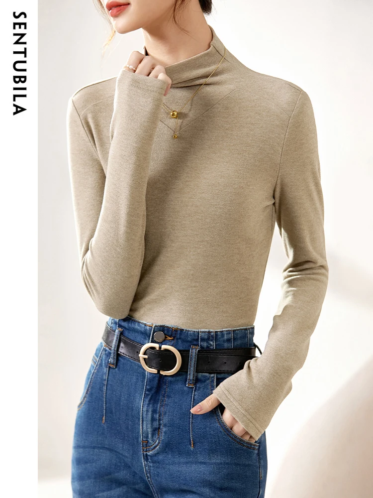 

SENTUBILA Women's Slim Long Sleeve T-Shirt Tops 2024 Autumn Winter Turtleneck Bottoming Shirt Solid Soft Lady Tshirt 124T44530