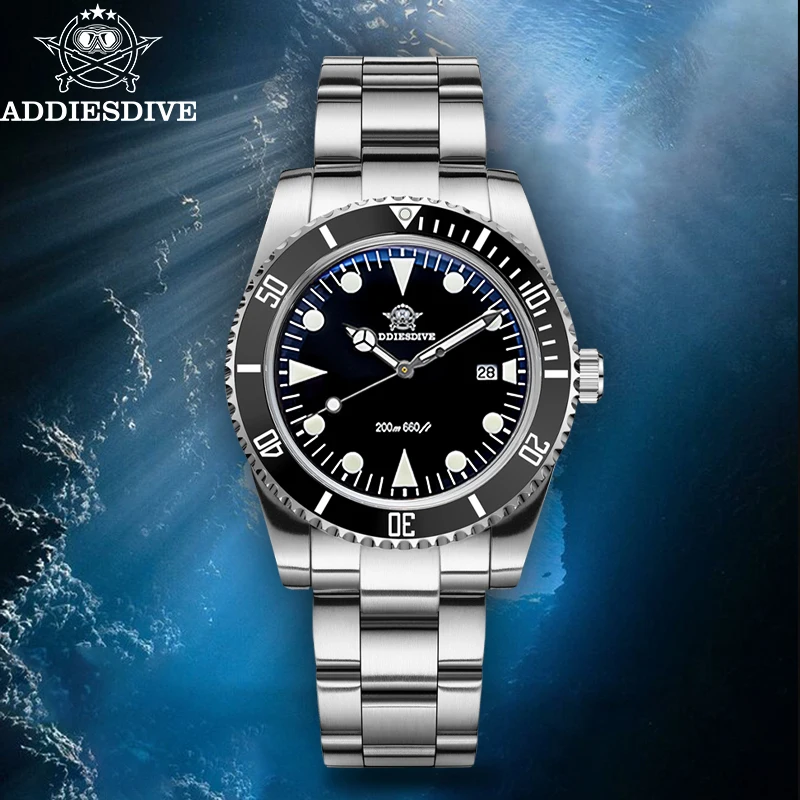 ADDIESDIVE NEW Mens Quartz Watch AR Coating Waterproof 200M Luminous Stainless Steel Business Watches Bubble Mirror Glass AD2068