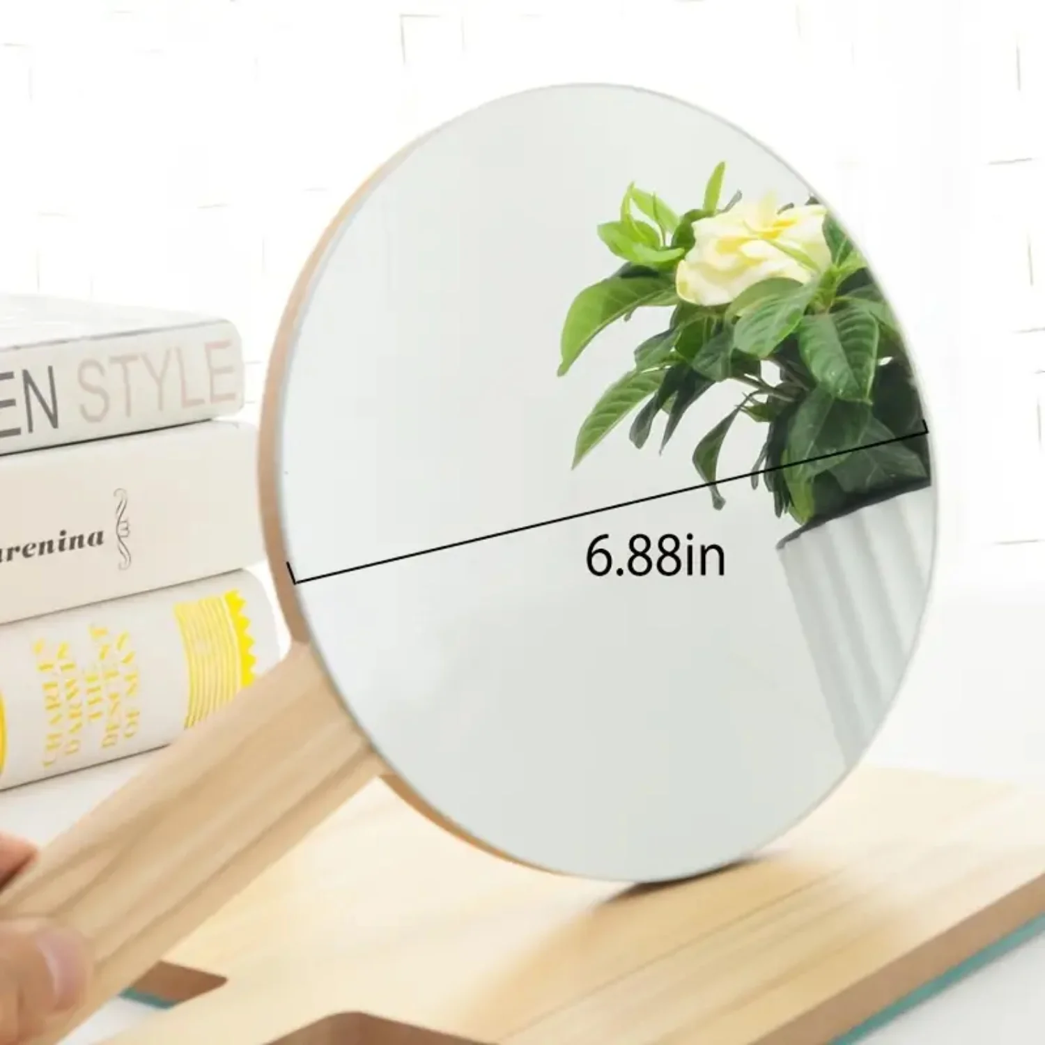 Rewritten Title: Portable Handheld Makeup Mirror with Wooden Handle, HD Travel Wood Grain Finish Compact Beauty Mirror | Wood Gr