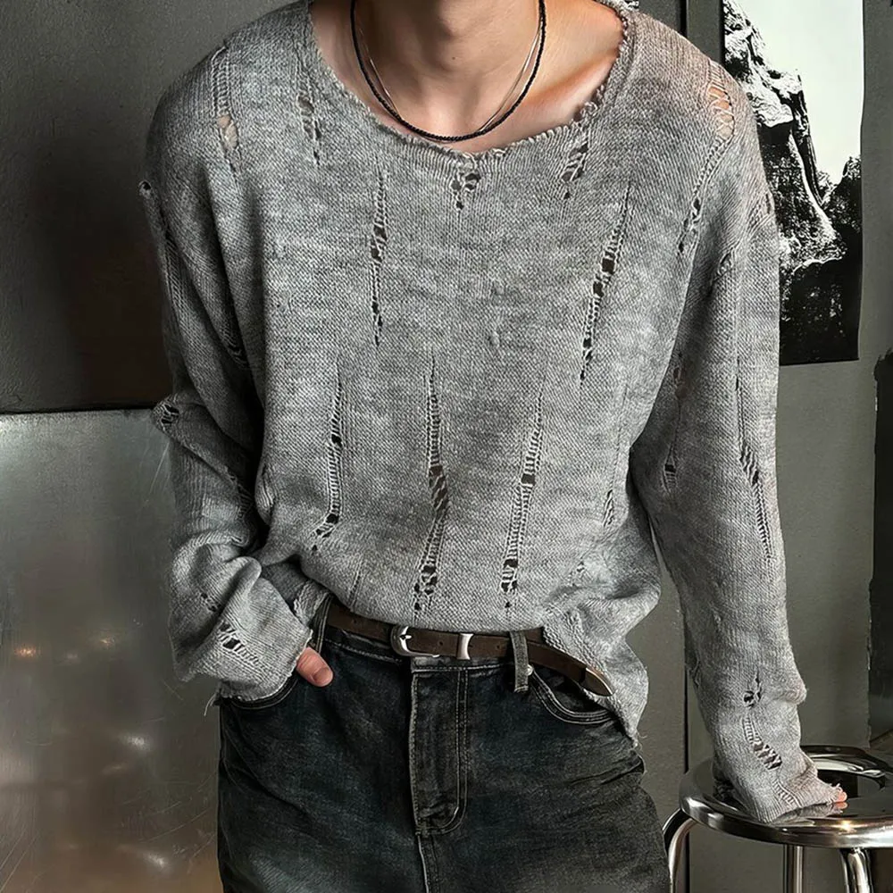 الرجال بلون ممزق بأكمام طويلة تي شيرت الأمريكية الرجعية موضة الاتجاه شارع العليا فضفاض عادية تنفس المتخصصة الرجال بلايز