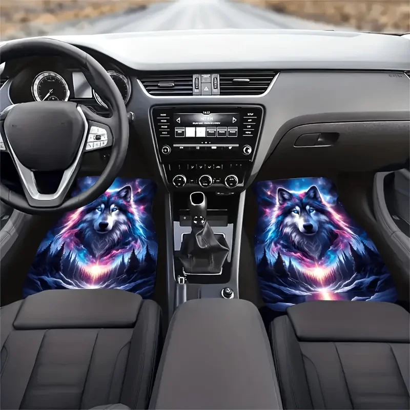 4pcs Wolf Print Car Floor Mat Set, Fashion Polyester Seat Cover, Universal Size, Non-slip Car Interior Accessories, Vehicle Carg