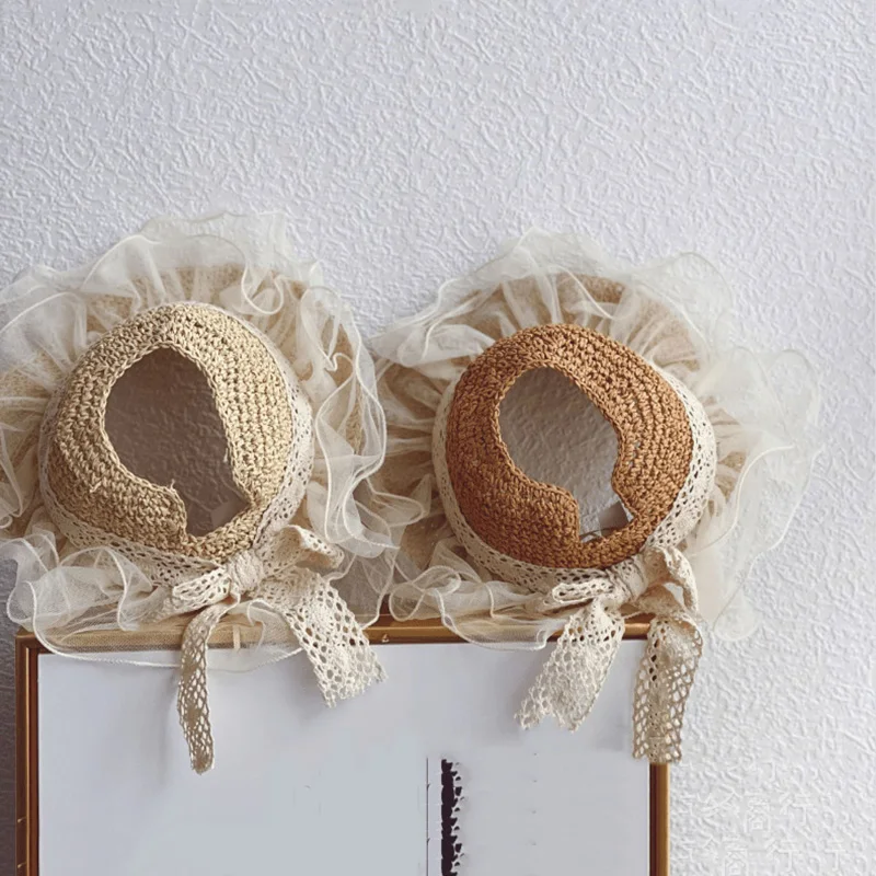 

Children Panama Caps Sun Protection Caps Kids Visor Hat Child Beach Cap Korea Baby Girls Lace Straw Hat Cute Bow Princess
