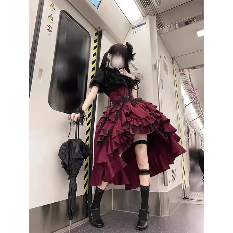 Japanisches dunkles Gothic-Stil-Lolita-Cosplay-Kostüm für Damen, schlankmachende Taille, Hemd, Rock-Set, vielseitiges Spitzen-Prinzessin-Y2k-Kleid
