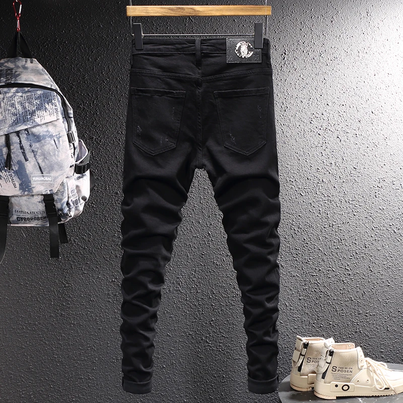 Streetwear Fashion Men Jeans Black Stretch Skinny Fit Patched Ripped Jeans Men Punk Trousers Zipper Designer Hip Hop Denim Pants