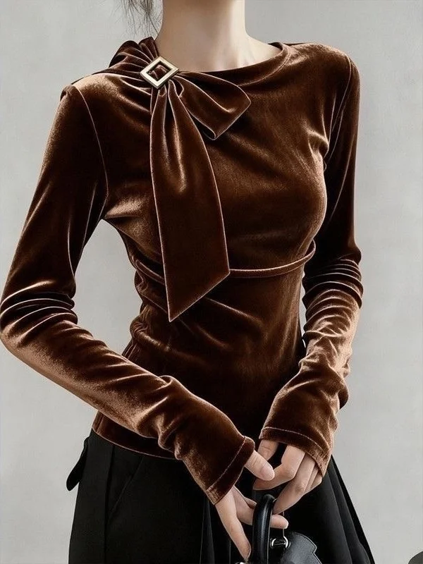 

Новая уникальная женская бархатная футболка с длинным рукавом, красивым узлом и легким кружевом, кофейного цвета, осенняя коллекция, укороченный топ