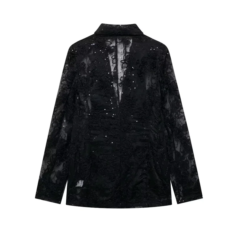 ZBZA Autumn Women's Blazer 2024 New Fashion Translucent Sequins Blazer Jacket Coat Casual Streetwear Casual Outerwear