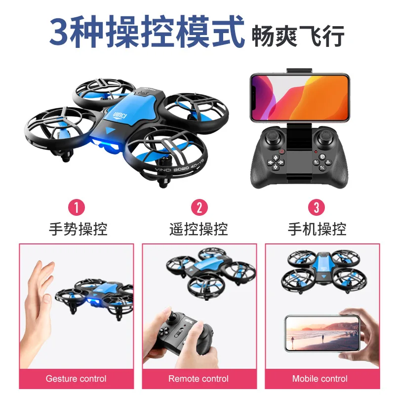 V8 Camera Quadcopter Drone, 3 Control Modes, Gesture, Remote and Phone Control, Altitude Hold, 360 Flip, Blue, 1 Battery