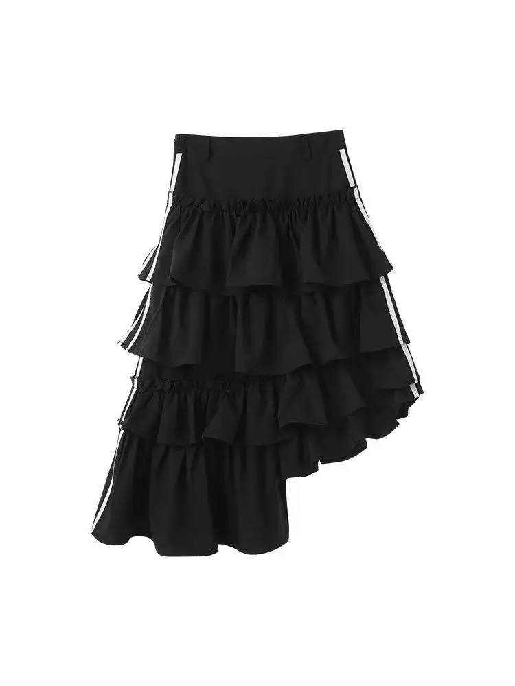 

2026 New Black Irregular Striped Cake Skirt For Women High Waisted Sweet Cool Mid Length Skirts