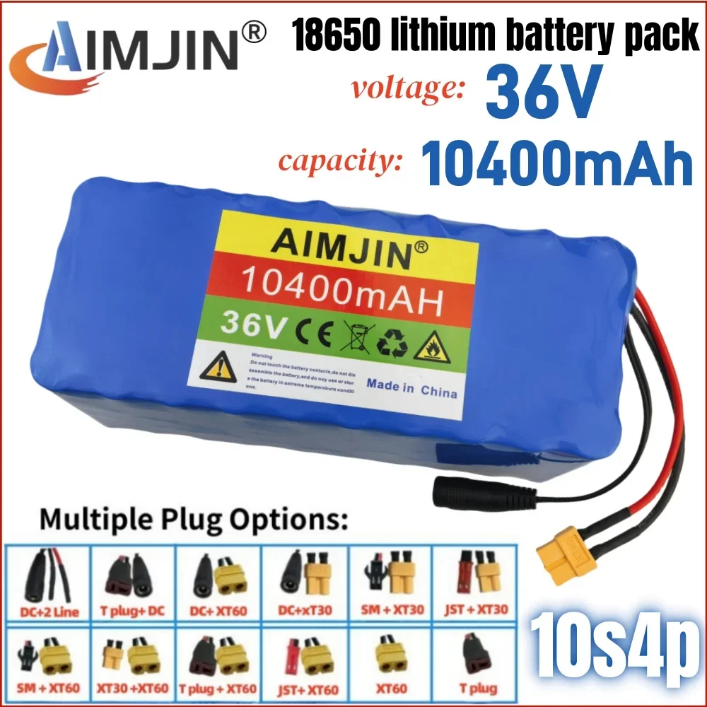 

36V 10400mAh Lithium battery 18650 10S4P 1000W high power batteries 36V 10.4Ah with BMS Protection+Charger