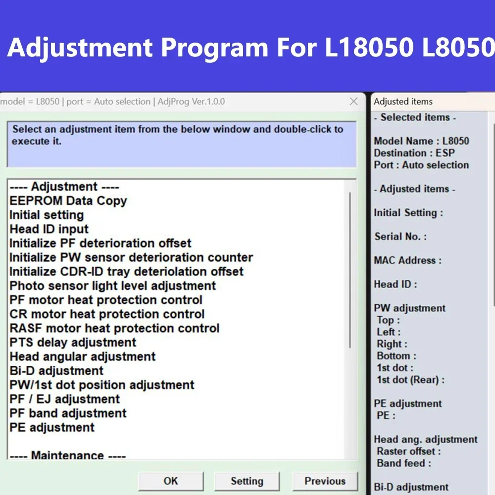 L8050 L18050 Printer AdjProg Adjustment Program Software Code For Epson EcoTank L8050 L18050 L18058 L8058 Technician V1.0.0