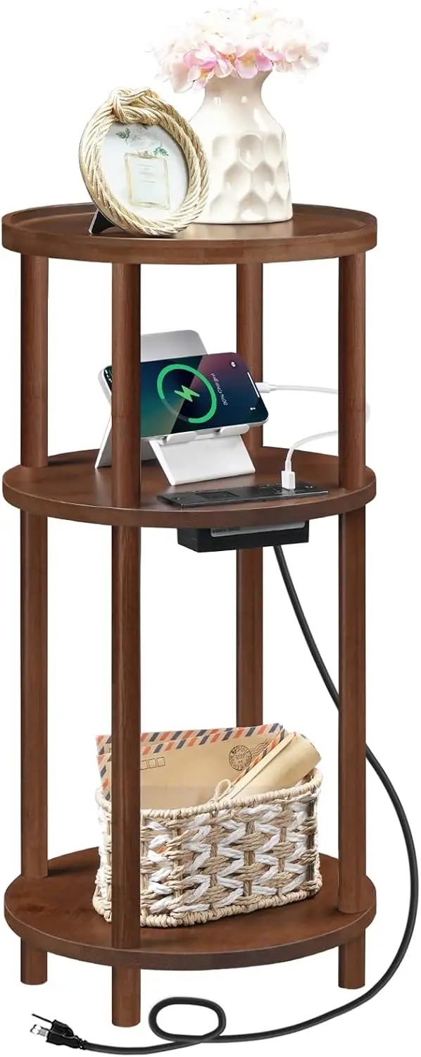 Small Round Side Table with Charging Station, 3-Tier Round Bamboo End Table, Compact Sofa Bedside Table for Small Space, Easy Assembly, for Living Room, Bedroom, Apartment, Mocha MA152UBZ01