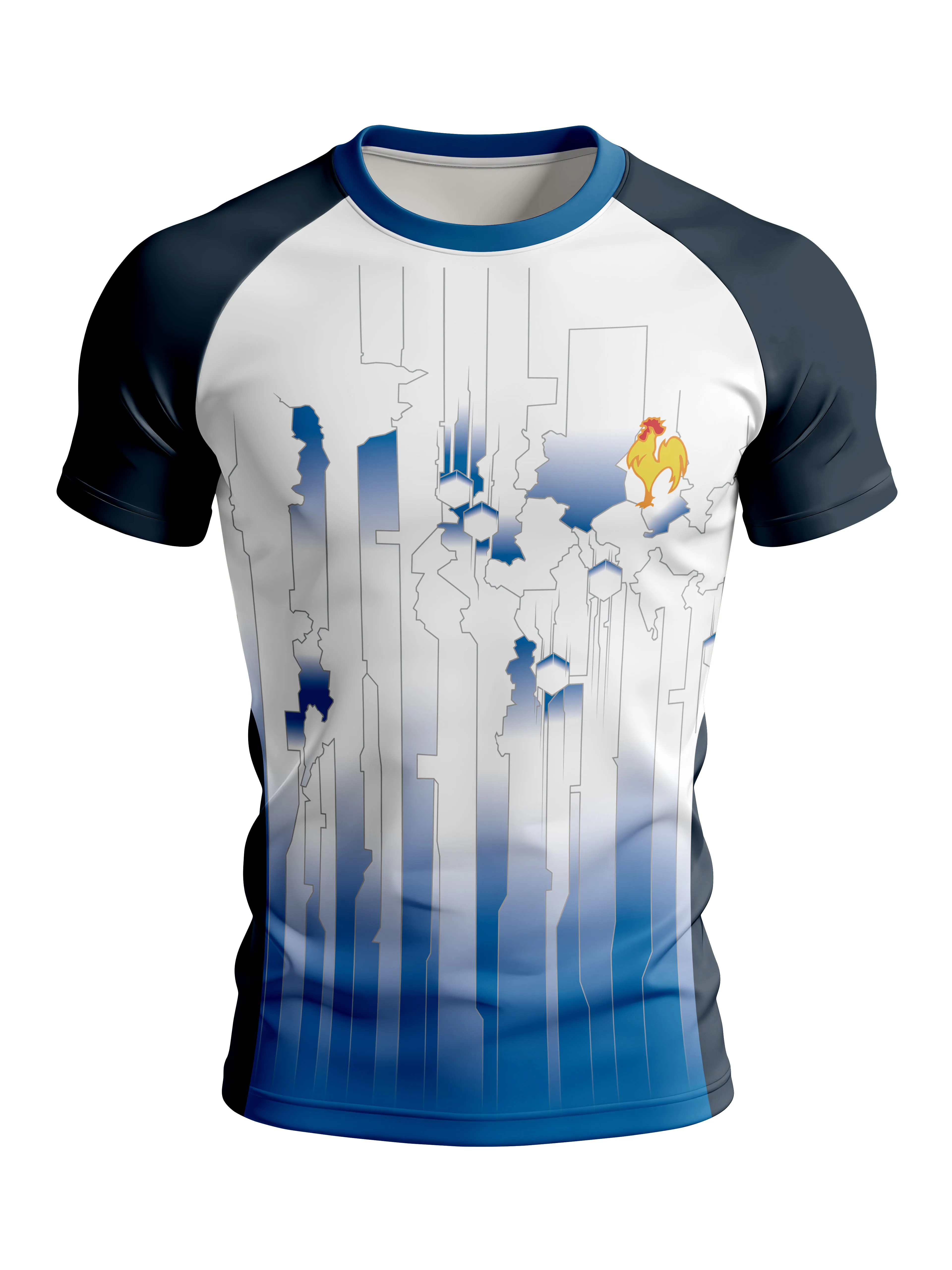 Men Sports Tee High Elastic Quick Dry Breathable Blue Gradient Rooster Print Raglan Short Sleeve Gym Training Top