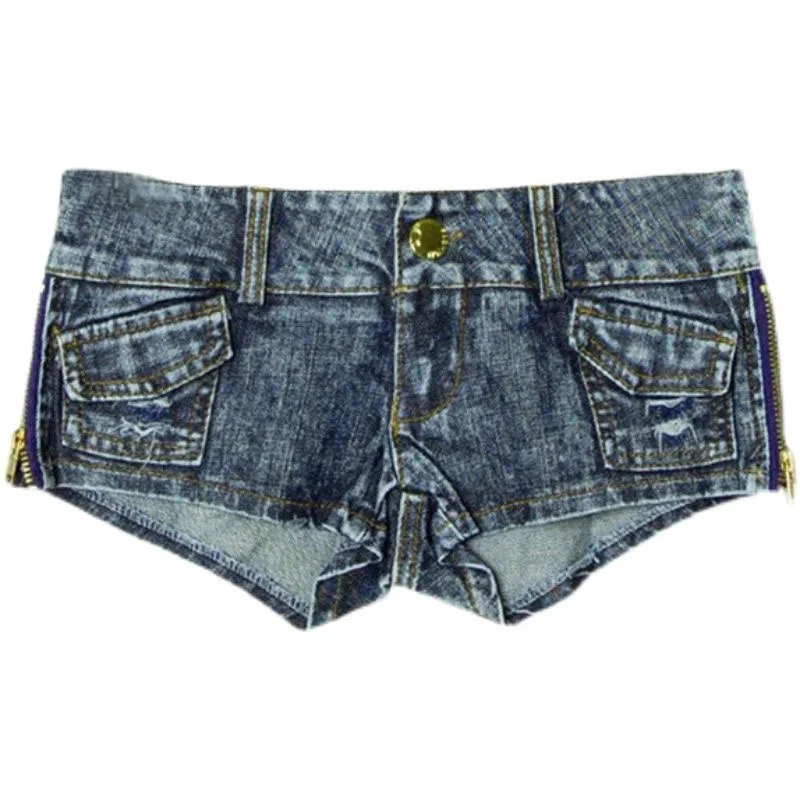 

New Retro Women's Ultra Ripped Low Waist Thong Denim Shorts With Pockets Side Zipper Mini Short Female Jeans Feminino Nightclub