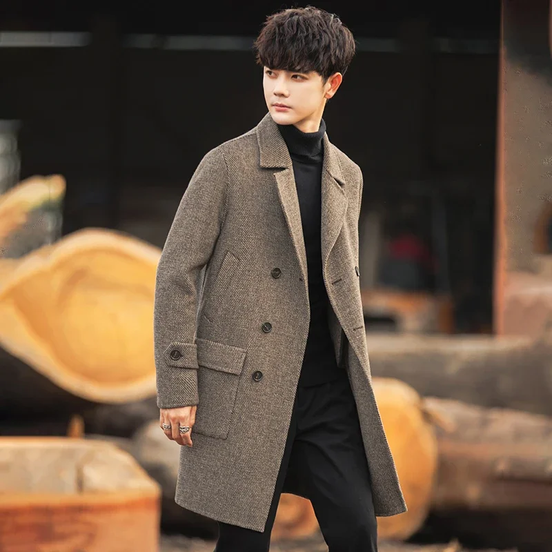 2023 Men Autumn Winter Fashion Long Wool Blends Jackets Mens Casual Woolen Trench Coats Male Solid Color Loose Overcoat