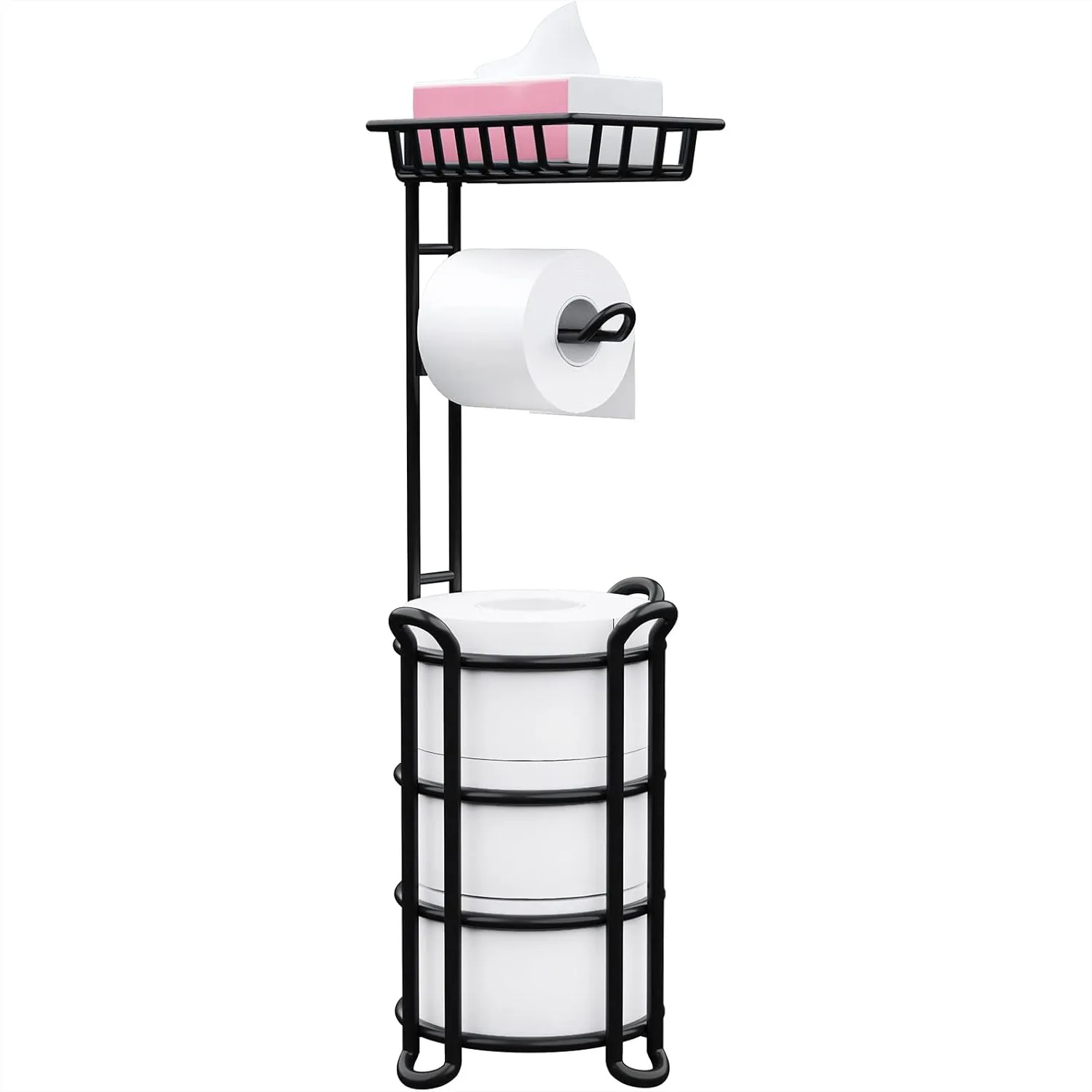 

Freestanding Toilet Paper Holder Stand with Shelf and Storage Basket for Bathroom, Black