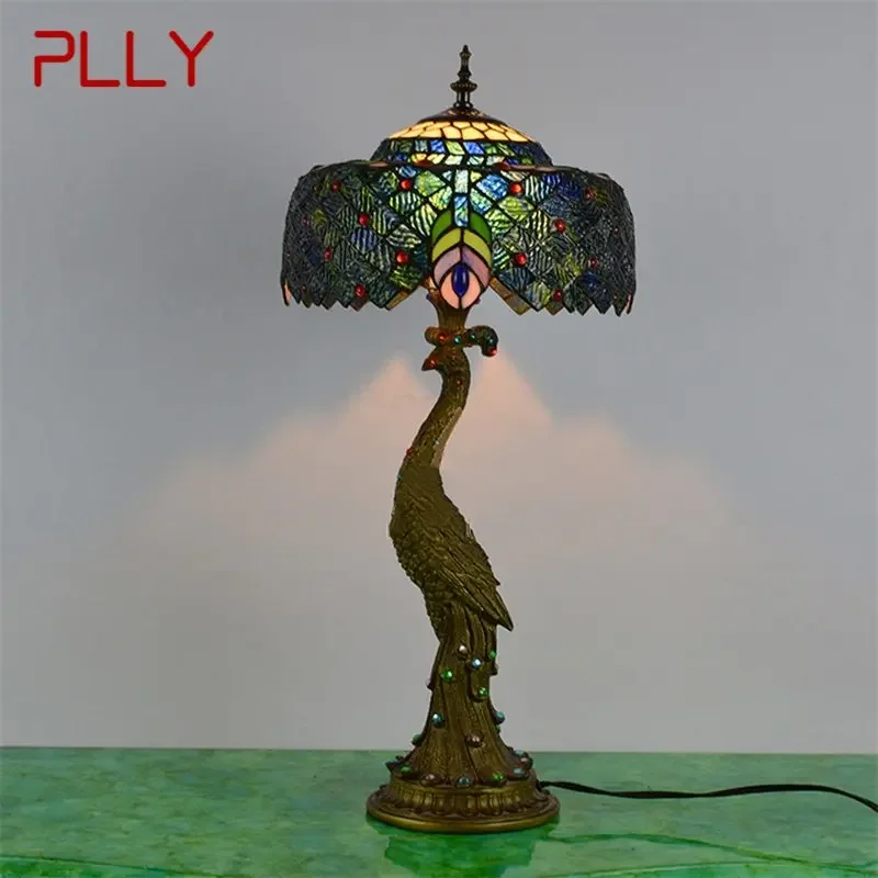 PLLY Tiffany Table Lamp Peacock Contemporary Retro Creative Decoration LED Light For Home