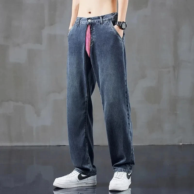 

Thin Jeans For Men Outdoor Lover Dating Wear Zipper Open Crotch Straight Wide-Leg Pants Summer