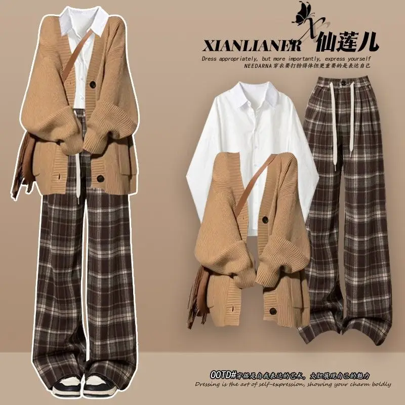 

Autumn and Winter New Korean Knitted Cardigan Jacket for Women+shirt+plaid Dress Pants Three Piece Set