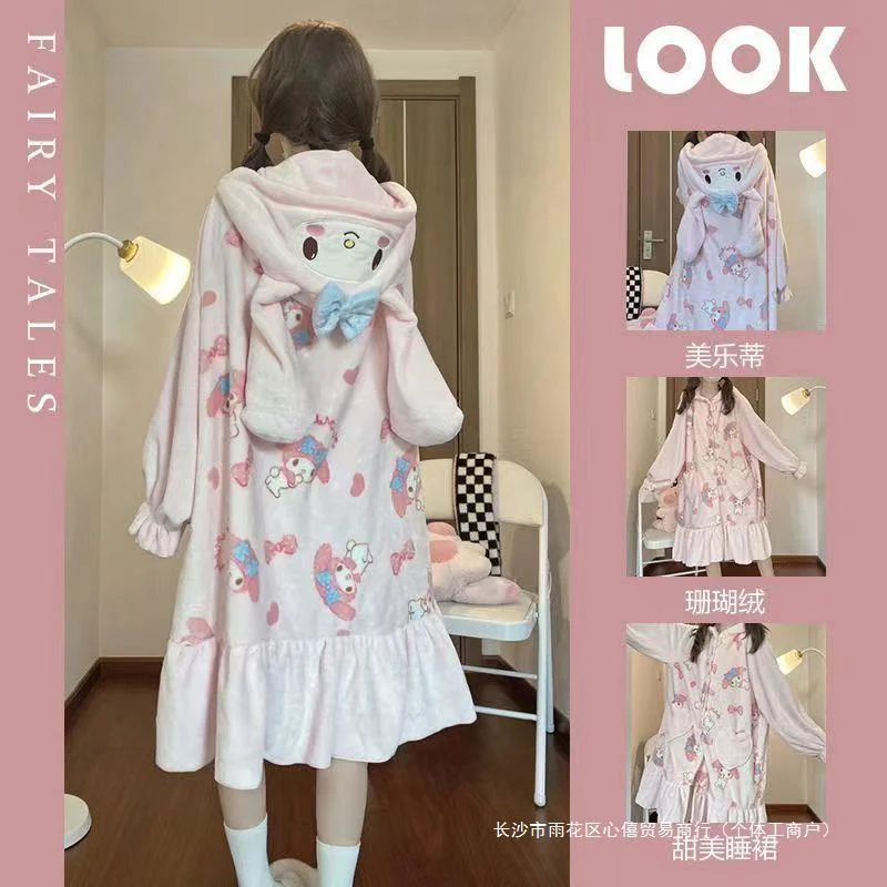 Sanrio Melody winter new pajamas cute cartoon nightgown flannel bathrobe animation loungewear