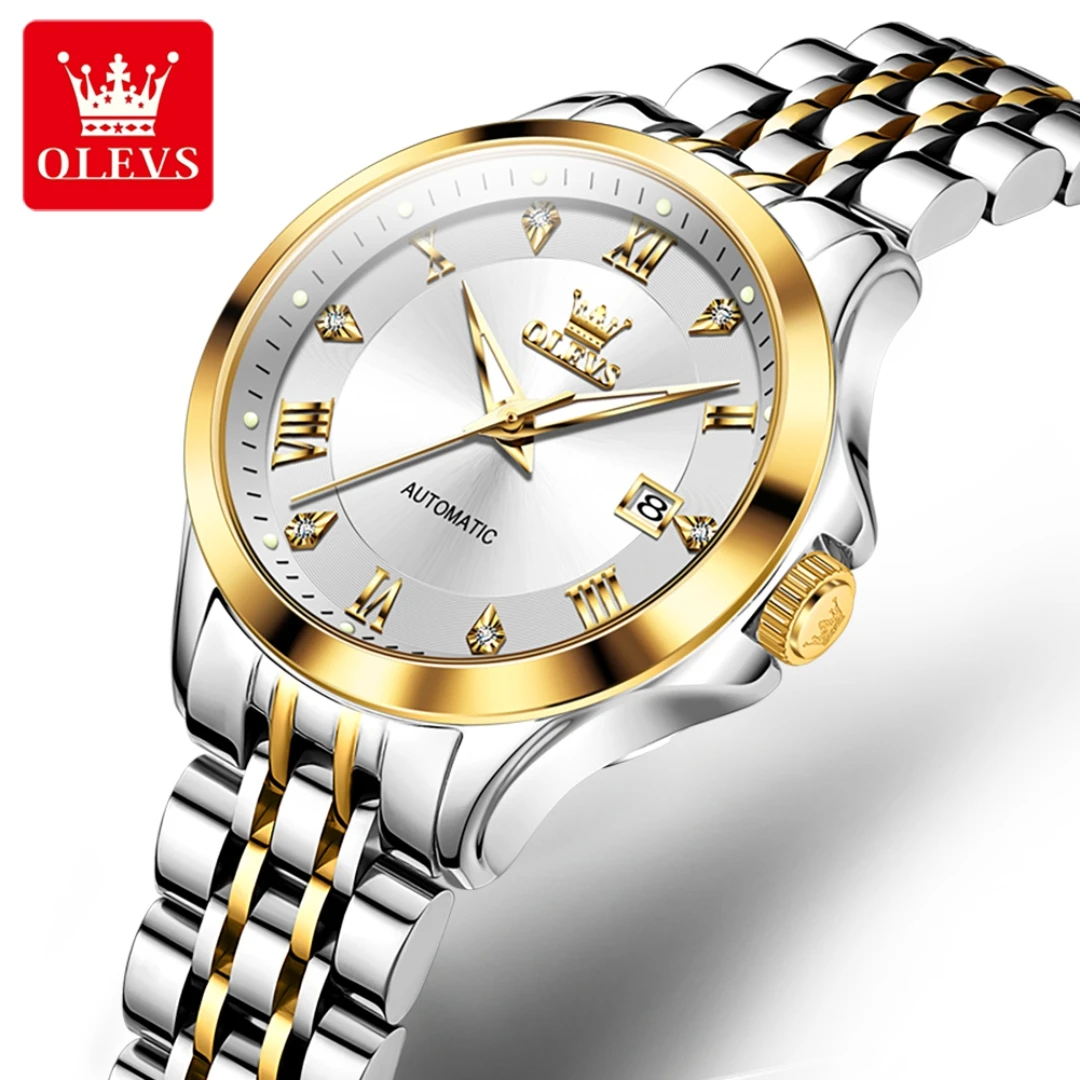 OLEVS 6702 Mechanical Fashion Watch Gift Stainless Steel Watchband Round-dial Wristwatch Calendar Luminous