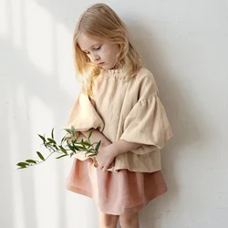 Retro Long Sleeve Linen Girls Blouse 2026 Spring Autumn New Children's Casual Warm Cotton And Linen Shirts TZ112