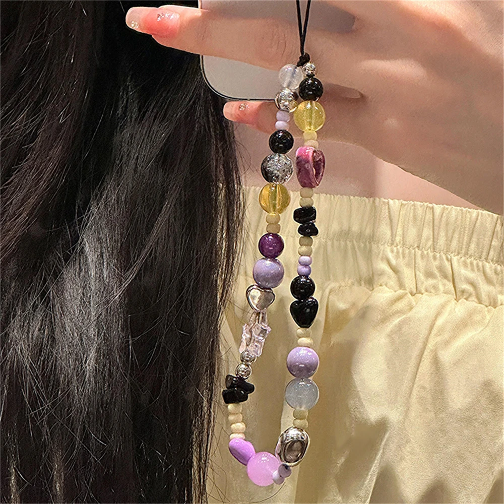 Korean Purple Heart Phone Chains Sliver Star Bead Lanyard Hanging Cord Bracelet Charm For iPhone Women Girls Dream Jewelry Strap