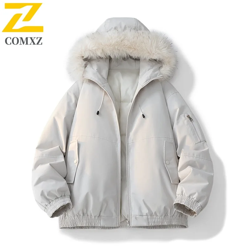 COMXZ وسيم مبطن سترة يندبروف في الهواء الطلق مقنعين الفراء طوق التخييم الكلاسيكية وسادة مبطنة بلون الرجال الخبز الستر