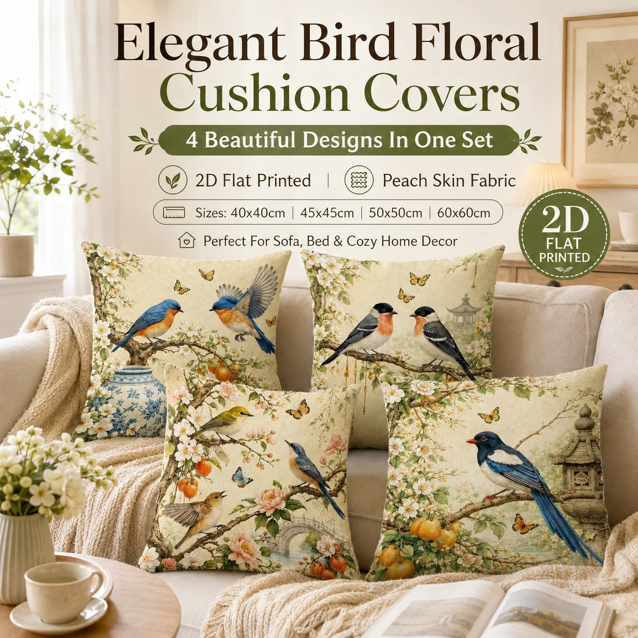 Vintage Bird Blossom Cushion Cover 2D Flat Printed Peach Skin Pillowcase for Living Room Sofa Decoration Aesthetic Pillow Shell