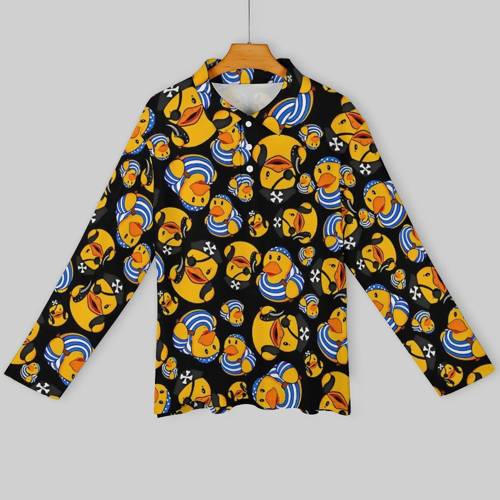 Pirate Rubber Ducks Print Casual T-Shirts Man  Long Sleeve Polo Shirts Turn Down Collar Streetwear Daily Custom Shirt Plus Size