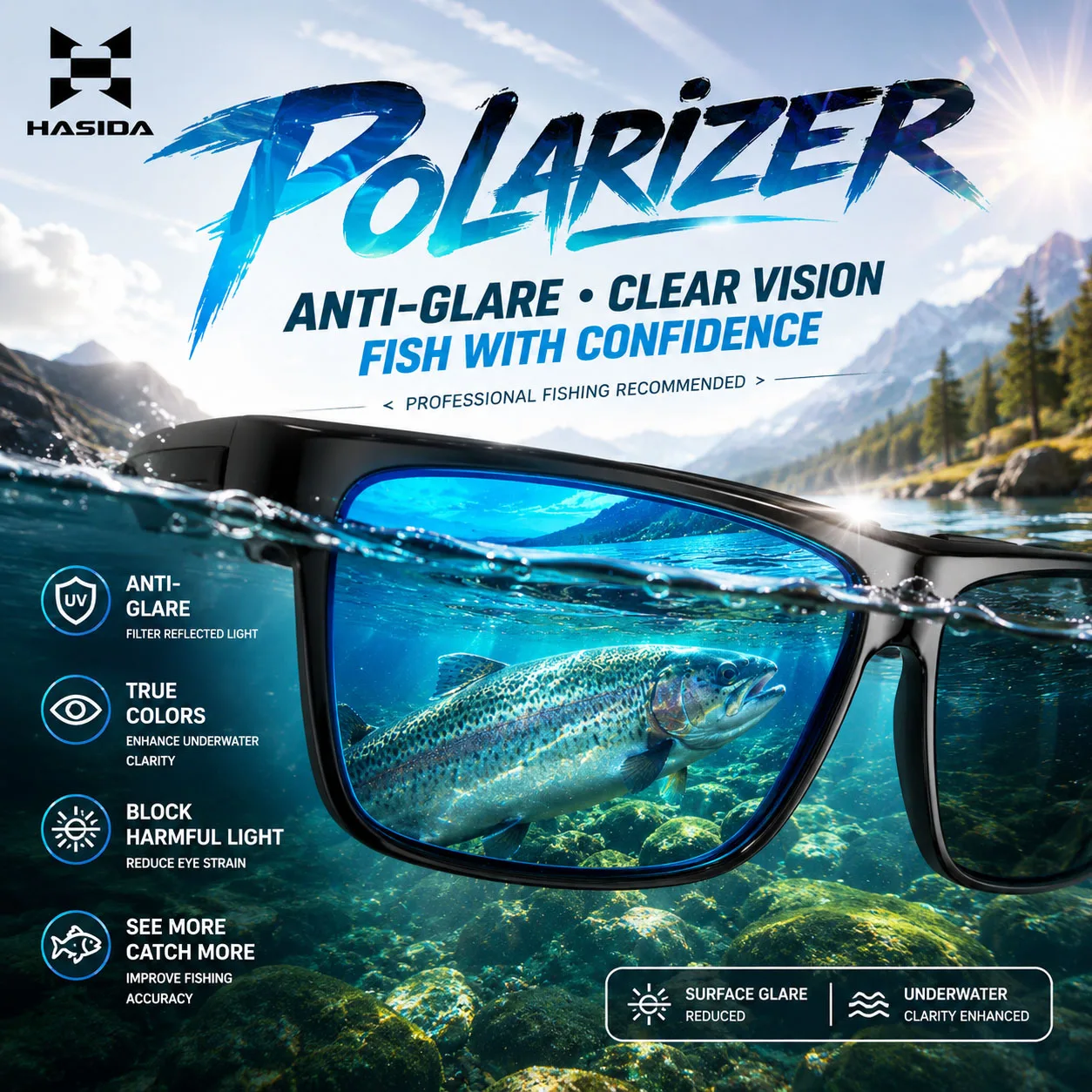 HASIDA Polarisator 22G Leichtgewicht 3 Typen zur Auswahl Lotusblatt-Beschichtung Silikonbügel TAC-Linse Stoßfest Blendschutz Angelbrille
