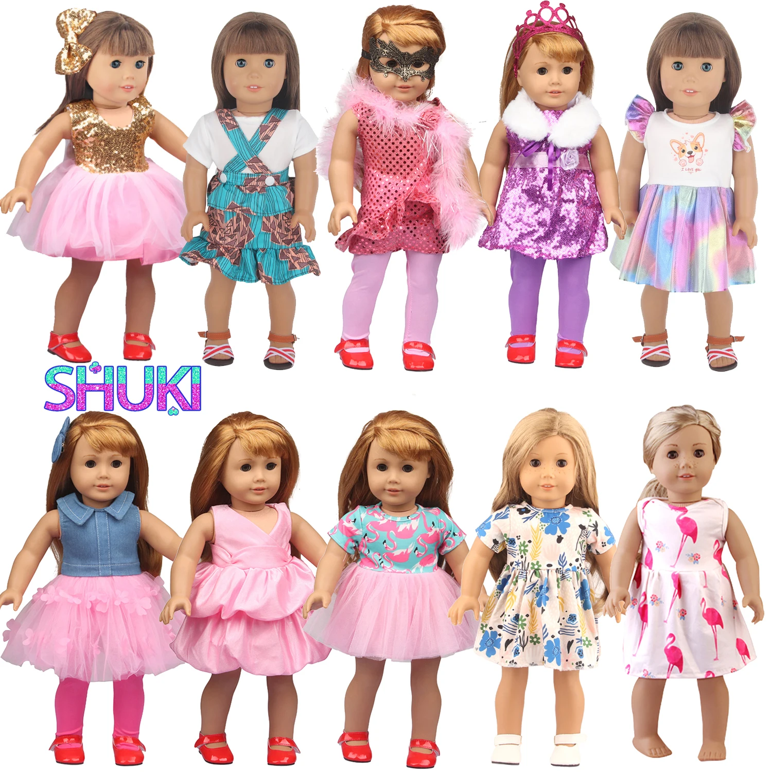 18 Inch American Doll Clothes Dress Flamingo, Denim, Sequin Skirts Mask Party Set For 43cm Baby New Born,OG Girl Dolls Clothing