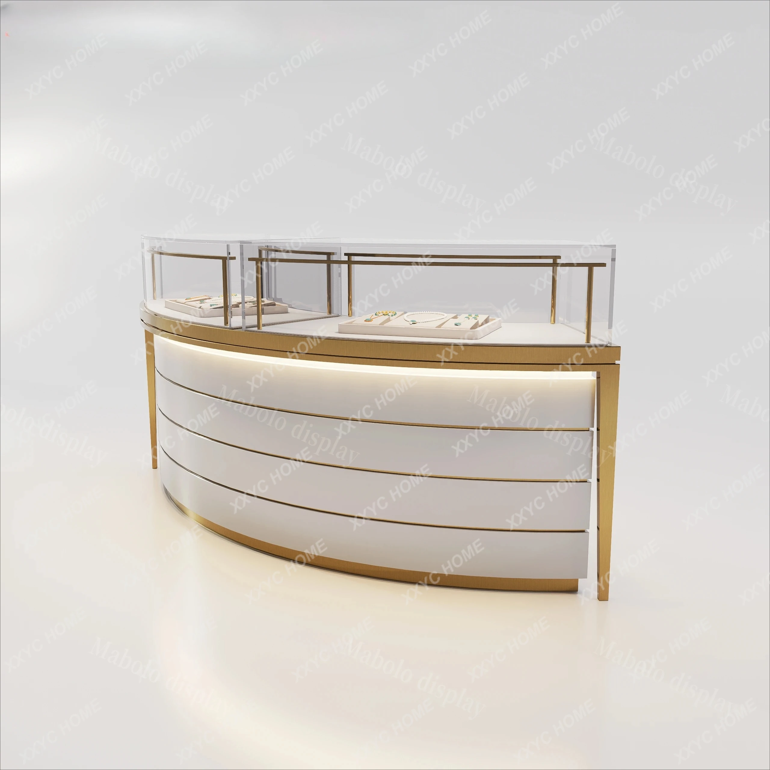 LXCurved Jewelry Display Cabinet Container Fashion Nakajima Jewelry Glass Display Cabinet Stainless Steel Exhibition Counter