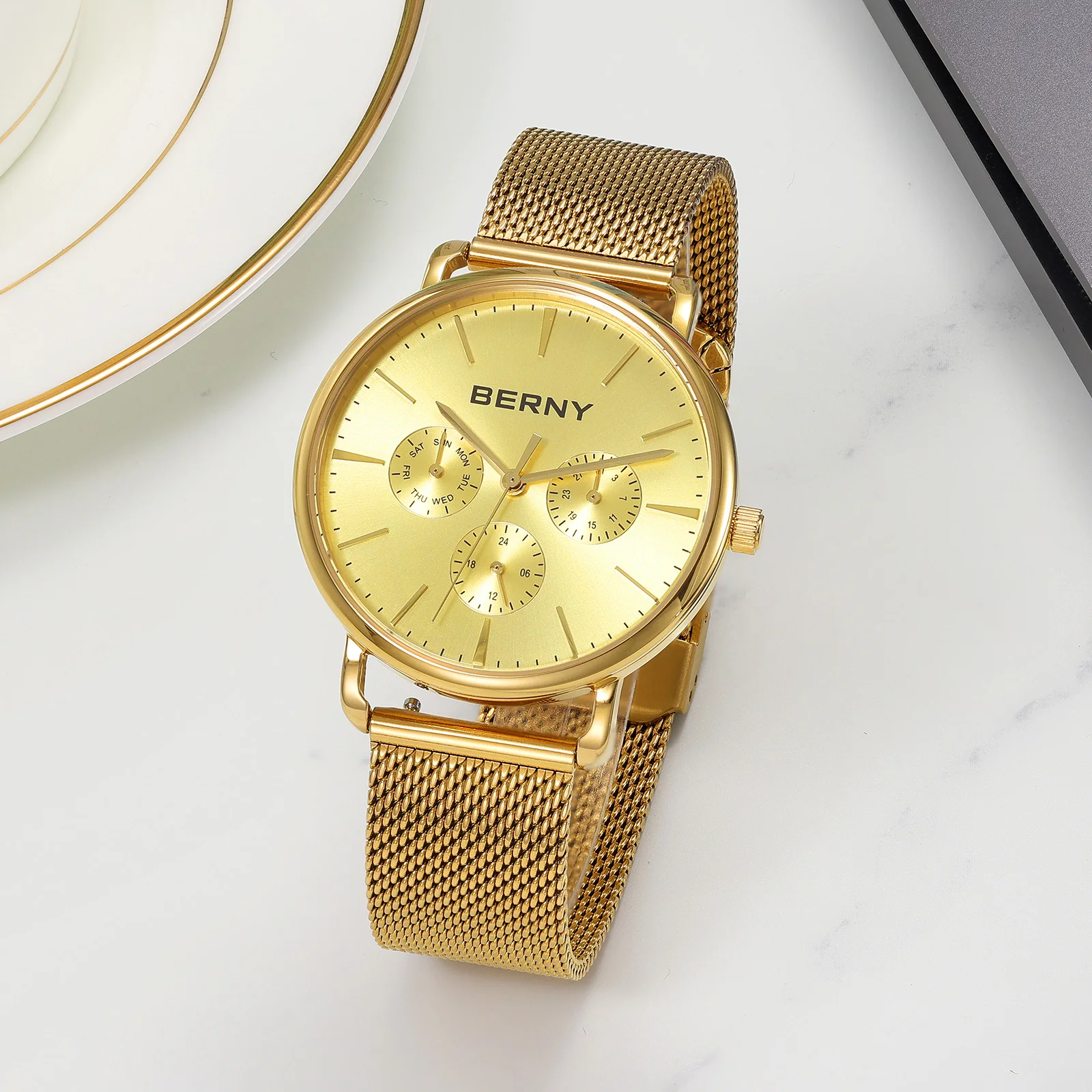 BERNY Herrenuhr mit Kalender und Wochenanzeige, moderner Stil, klassisch, elegant, schlanke Quarzuhr, Edelstahl 6P29 5ATM Armbanduhr – Detail 13