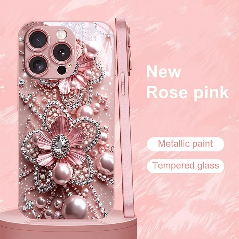 Funda de teléfono de cristal metálico rosa con patrón Floral de diamante y perla rosa para iPhone 17 Pro Max 11 12 13 14 15 16 Plus 17Air 16E