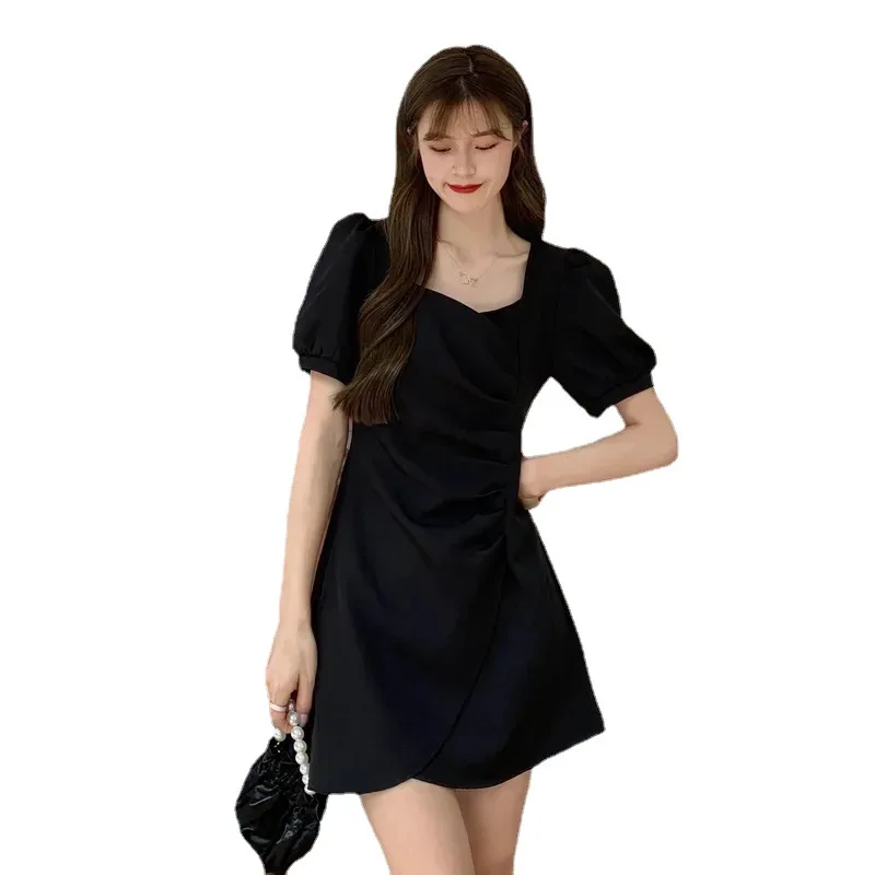 

French Style Elegant Puff Sleeve Square Neck Solid Black Off White Cute Sweet Knee-Length Slim Dress Withe Folds Middle Waist