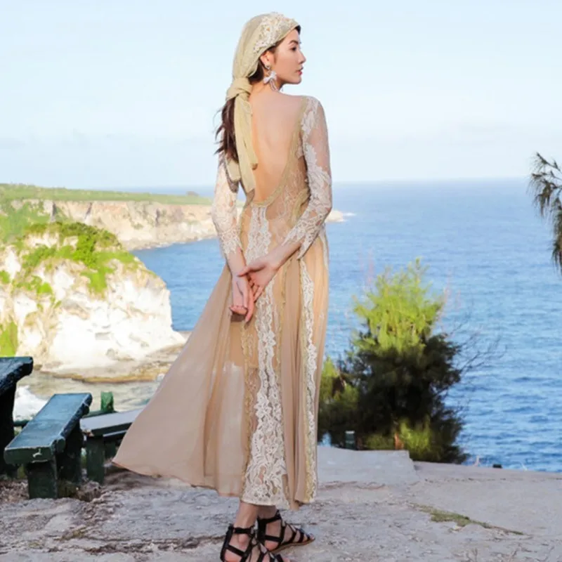 Sukienka midi retro z koronką 2025 damska wiosenna patchworkowa z dekoltem O, długim rękawem, luźna, sukienki boho bez pleców, szyfonowe sukienki wakacyjne