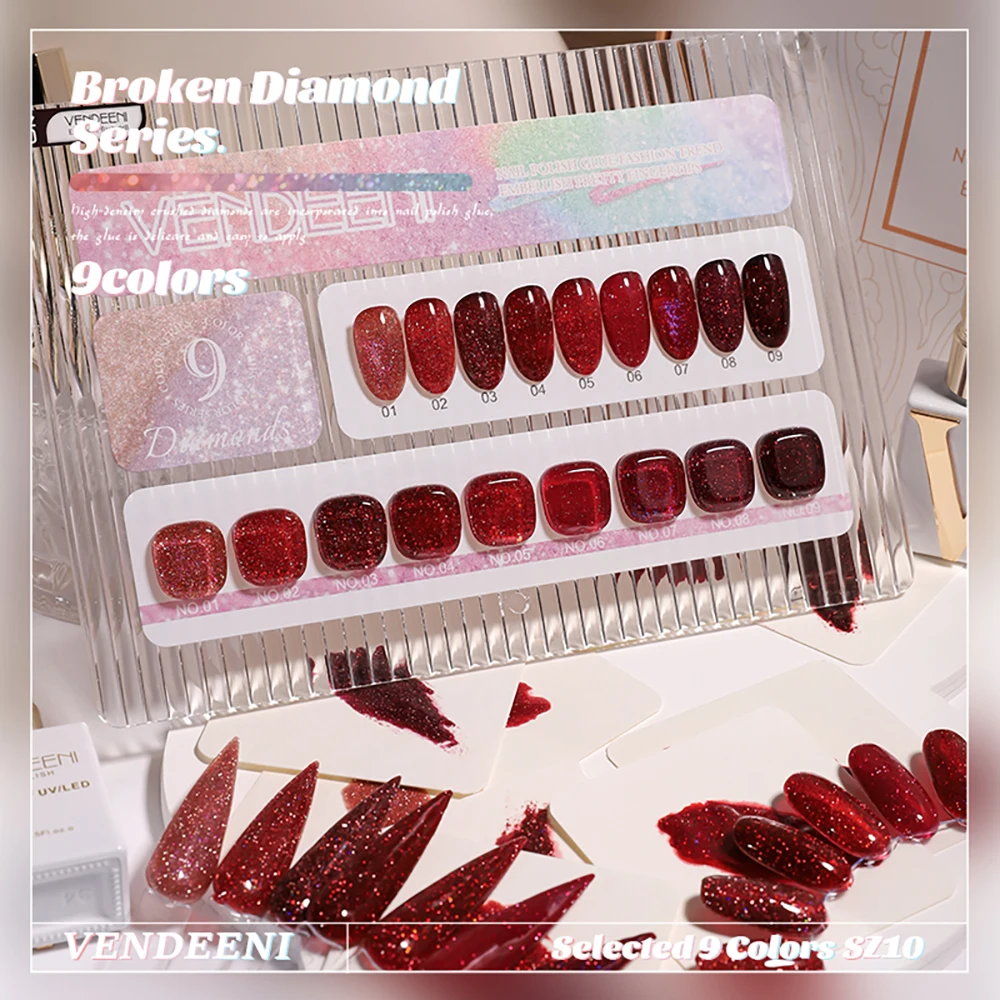 Vendeeni 9 Farben/Set Roter Glitzer-Broken-Diamond-Gel-Nagellack TPO HEMA-FREI Glitzer UV LED Soak-Off Gel-Lack mit Display – Detail 8