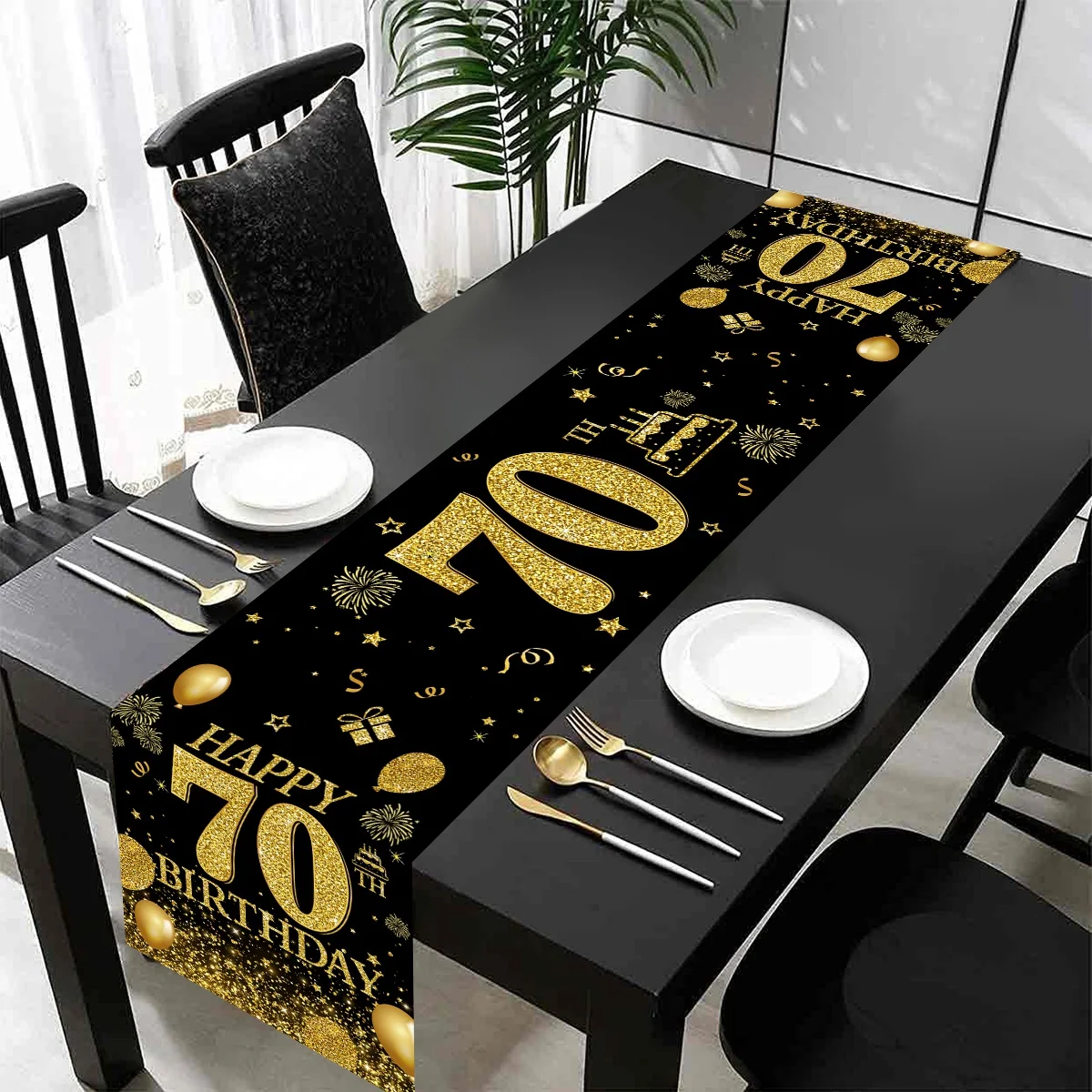 180*35cm 70th Birthday Table Runner Black Gold Polyester Tablecover For Adult 70 Years Old Birthday Party Home Table Decoration