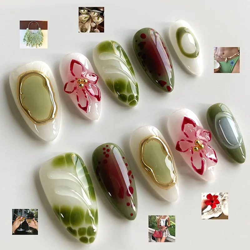 30Pcs False Nails Spring Green Polka-Dot Petal Short Almond Shape Press-On Nails—Perfect As A Gift for Girls and Friends