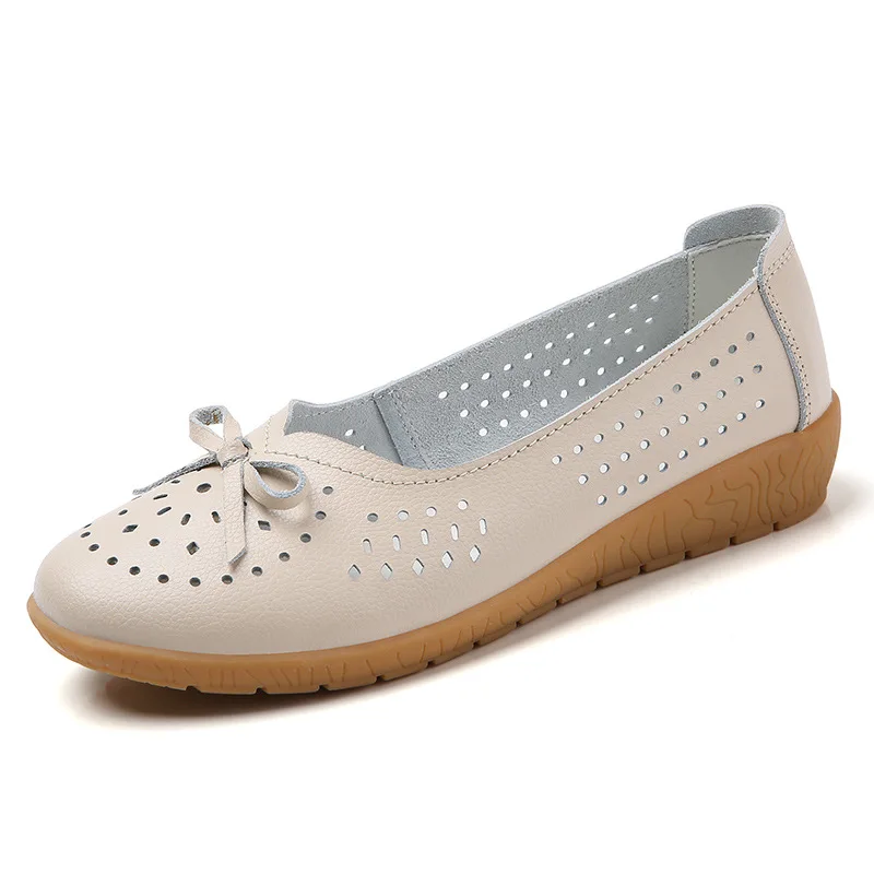 2025 summer Women Cutouts Genuine Leather Mom Shoes Comfortable Flats Nurse Casual slip-on ballet flat loafers size 35-42