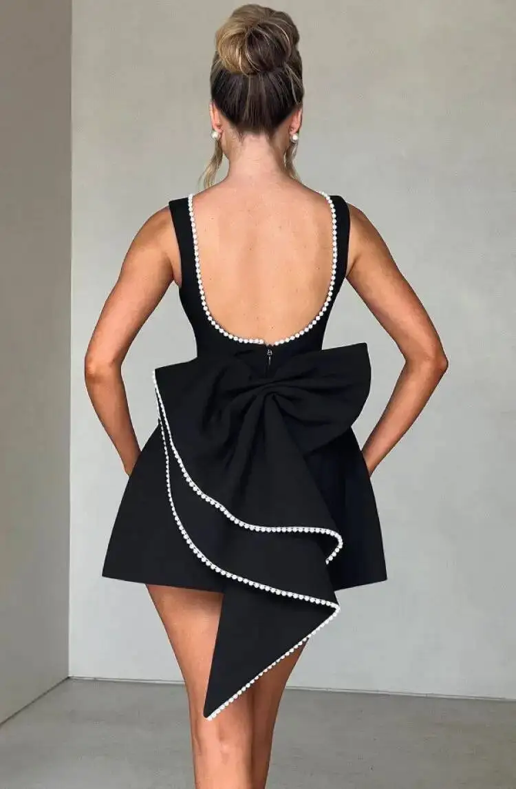 Elegant Pearl Bow Backless Sexy Mini Dress Women's Party Short Dresses White Black Pink Birthday Evening Wedding Summer