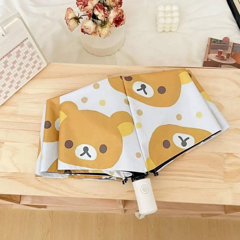 Nuovo ombrello Kawaii carino Rilakkuma ombrello da sole pieghevole completamente automatico in gomma nera regali di compleanno per cartoni animati