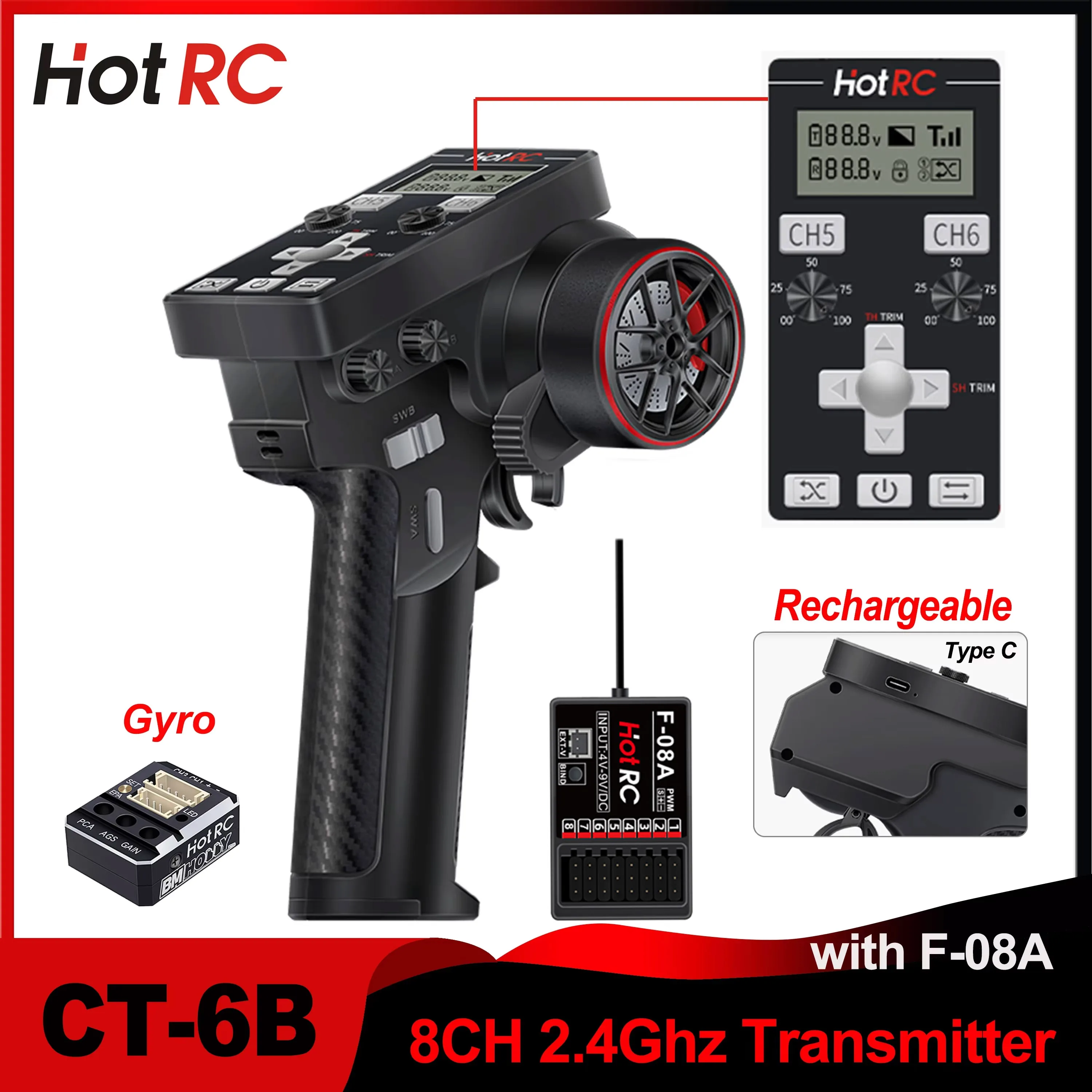 

HOTRC CT-6B 8CH One-Hand Remote Control 2.4Ghz RC Transmitter with F-08A 8 Channel PWM Receiver Gyro for RC Car Boat Tank