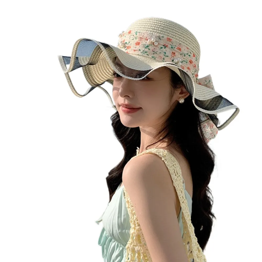 

Adjustable Breathable Lace Streamers Straw Hat Pearl Large Brim Wide Brim Sun Hat Sweet Bowknot Fisherman Sunshade Cap Beach